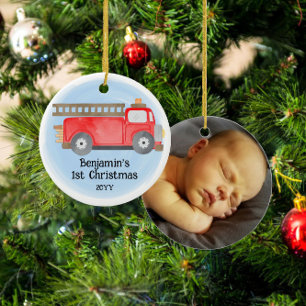 Feuerwehrauto Baby's 1. Weihnachten Foto-Andenken Keramik Ornament