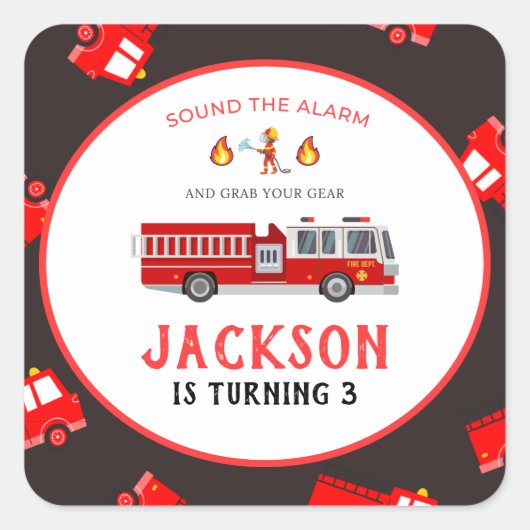 Feuerwehrauto Geburtstag Quadratischer Aufkleber (Vorderseite)