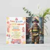 Feuerwehrauto Motor 2. Geburtstag Party Foto Einladung (Stehend Vorderseite)