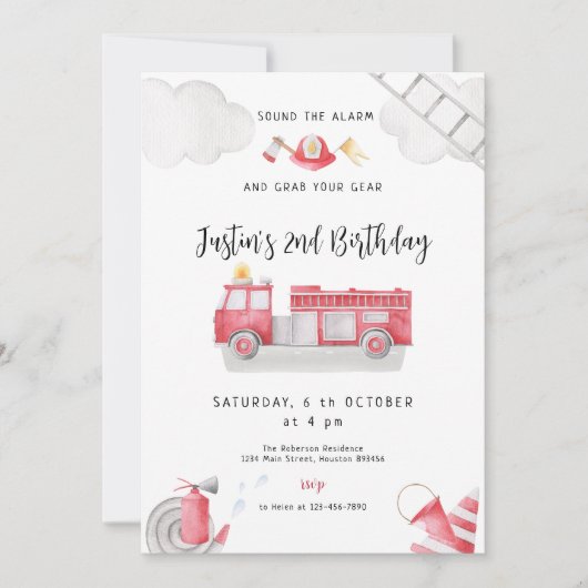Feuerwehrauto rufen alle Einheiten Birthday Boy Einladung (Vorderseite)