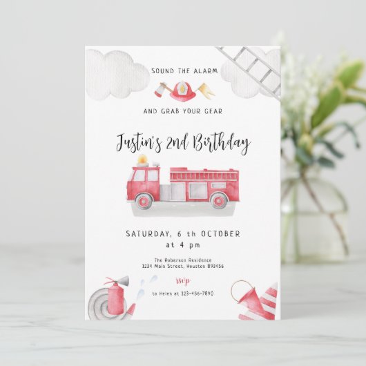 Feuerwehrauto rufen alle Einheiten Birthday Boy Einladung (Stehend Vorderseite)