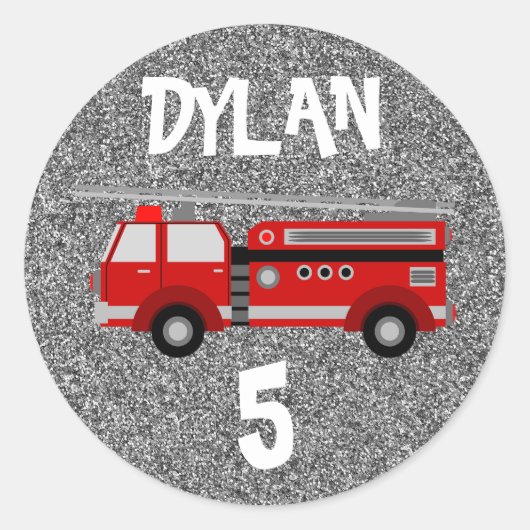 Feuerwehrauto Silver Sparkle Party Geburtstag Runder Aufkleber (Vorderseite)