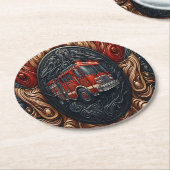 Feuerwehrfahrzeug auf Nachahmungsleder Runder Pappuntersetzer (Angewinkelt)