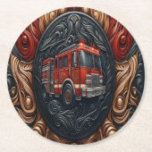 Feuerwehrfahrzeug auf Nachahmungsleder Runder Pappuntersetzer (Vorderseite)