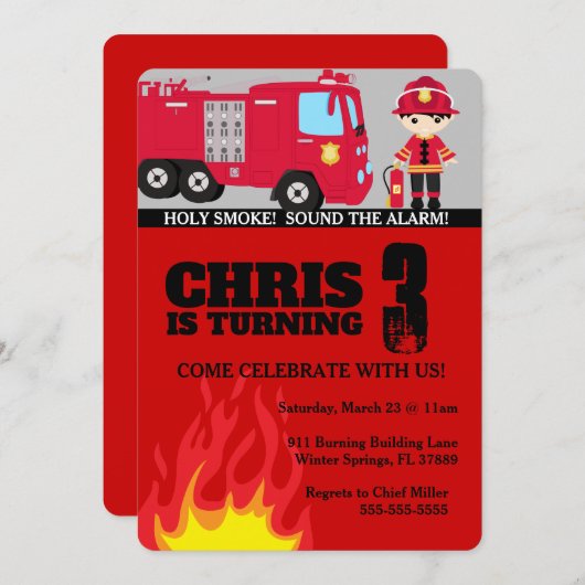 Feuerwehrfahrzeug Junge Einladung zum Geburtstag (Vorne/Hinten)