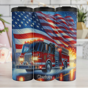 Feuerwehrfahrzeug mit amerikanischer Flagge Thermosbecher