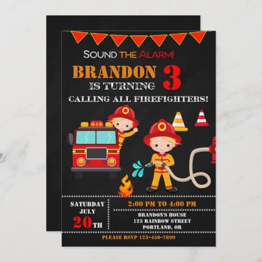 Feuerwehrfahrzeug-Party zum Geburtstag Einladung (Vorne/Hinten)