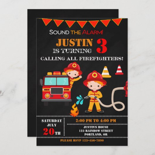 Feuerwehrfahrzeug-Party zum Geburtstag Einladung (Vorne/Hinten)