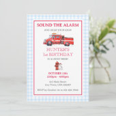 Feuerwehrfahrzeug Wasserfarbe Geburtstagseinladung Einladung (Stehend Vorderseite)