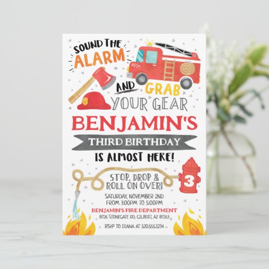 Feuerwehrfahrzeuge Einladung zum Geburtstag (Stehend Vorderseite)