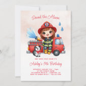Feuerwehrfeuerwehrmädchen 5. Geburtstag Einladung (Vorderseite)