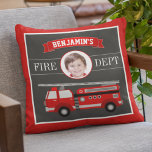 Feuerwehrfeuerwehrmann Kids-Raum mit eigenem Foto Kissen<br><div class="desc">Personalisieren Sie dieses niedliche quadratische Kissen mit dem Namen und dem Foto Ihres Kindes,  um Ihr eigenes individuelles Jungen Zimmer Kissen.</div>