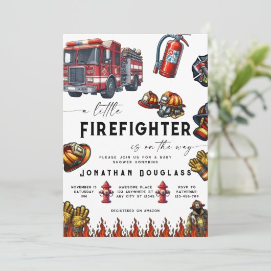 Feuerwehrfeuerwehrwagen Feuerwehrlegerdusche Einladung (Stehend Vorderseite)