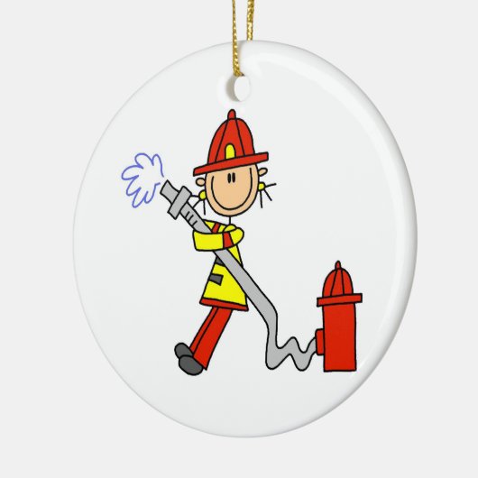 Feuerwehrfrau mit T - Shirt und Geschenken Keramik Ornament (Links)