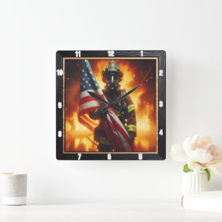 Feuerwehrheldin des amerikanischen Flaggenschutzes Quadratische Wanduhr