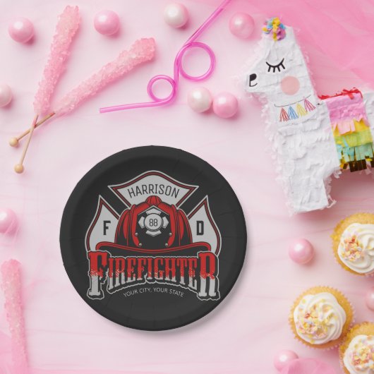 Feuerwehrhelm ADD NAME Fire Department Rescue Pappteller (Party)