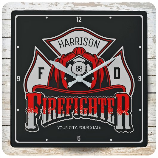 Feuerwehrhelm ADD NAME Fire Department Rescue Quadratische Wanduhr