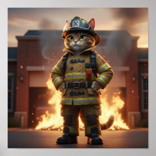 Feuerwehrkatze Poster – 3D Held Katzen Wandkunst