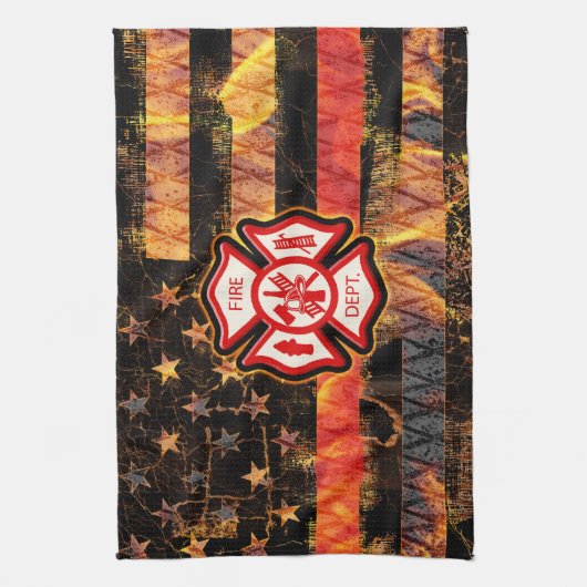 Feuerwehrkreuz und Flammen Geschirrtuch (Vertikal)