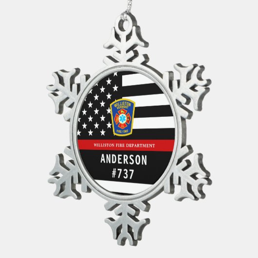 Feuerwehrleute Personalisierte Feuerlogos dünne ro Schneeflocken Zinn-Ornament (Rechts)