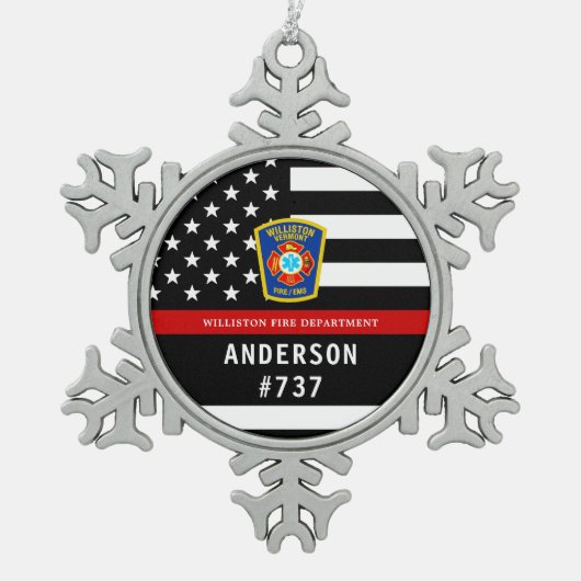Feuerwehrleute Personalisierte Feuerlogos dünne ro Schneeflocken Zinn-Ornament (Vorderseite)