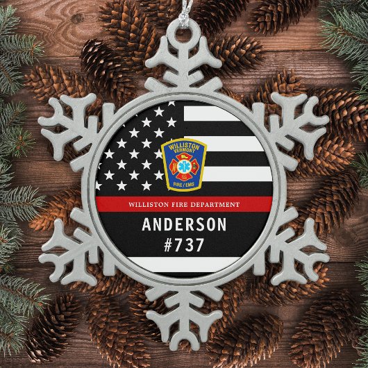 Feuerwehrleute Personalisierte Feuerlogos dünne ro Schneeflocken Zinn-Ornament