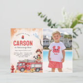 Feuerwehrmann 2. Geburtstag Party Foto Einladung (Stehend Vorderseite)