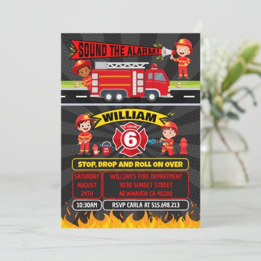 Feuerwehrmann Birthday Fire Truck Party Invi Einladung (Stehend Vorderseite)