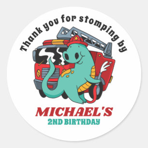 Feuerwehrmann Dinosaurier Cartoon Kindergeburtstag Runder Aufkleber