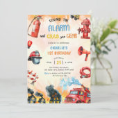 Feuerwehrmann Feuerwehrmann 1. Geburtstag Party Einladung (Stehend Vorderseite)