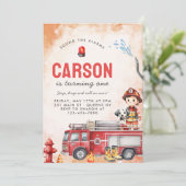 Feuerwehrmann Feuerwehrmann 1. Geburtstag Party Einladung (Stehend Vorderseite)