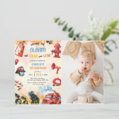 Feuerwehrmann Feuerwehrmann 1. Geburtstag Party Einladung (Stehend Vorderseite)