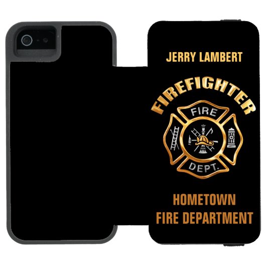 Feuerwehrmann-Goldnamen-Schablone Incipio iPhone Geldbeutel-Hülle (Folio Geöffnet)