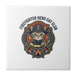 Feuerwehrmann Held Katze Grafik T-Shirt Kunst - Fe Fliese