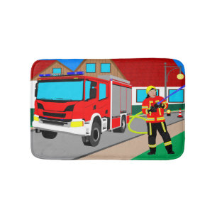Feuerwehrmann im Feuerwehreinsatz beim löschen Bad Badematte