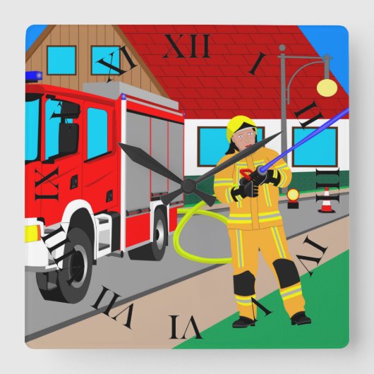 Feuerwehrmann im Feuerwehrmann einsatz Qua Quadratische Wanduhr (Vorderseite)