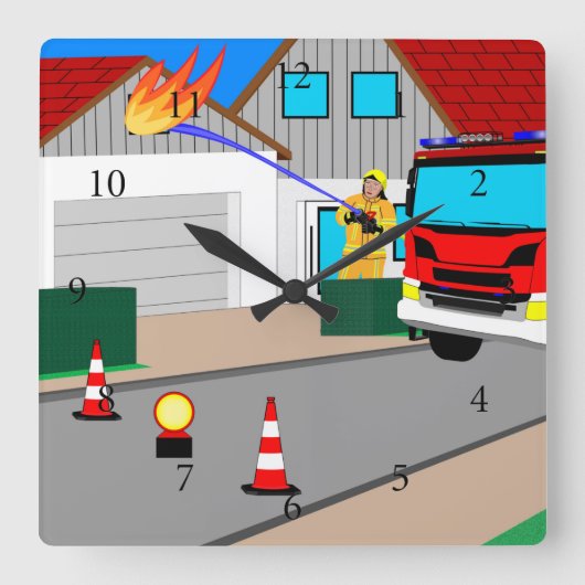 Feuerwehrmann löscht Garagenbrand Quadratic Wan Quadratische Wanduhr (Vorderseite)