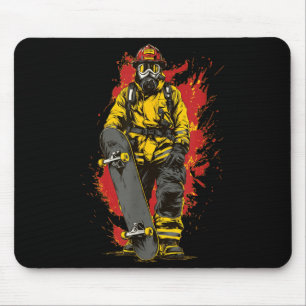 Feuerwehrmann mit coolen Flammen und Skateboard fü Mousepad