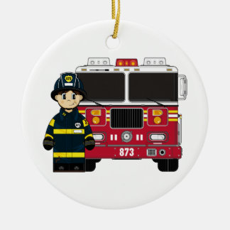 Feuerwehrmann mit Feuer-Motor-Verzierung Keramikornament