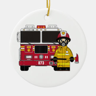 Feuerwehrmann mit Feuer-Motor-Verzierung Keramikornament