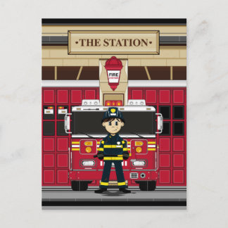 Feuerwehrmann mit Motor Postkarte