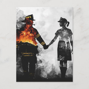 Feuerwehrmann und Krankenschwester Paar Silhouette Postkarte