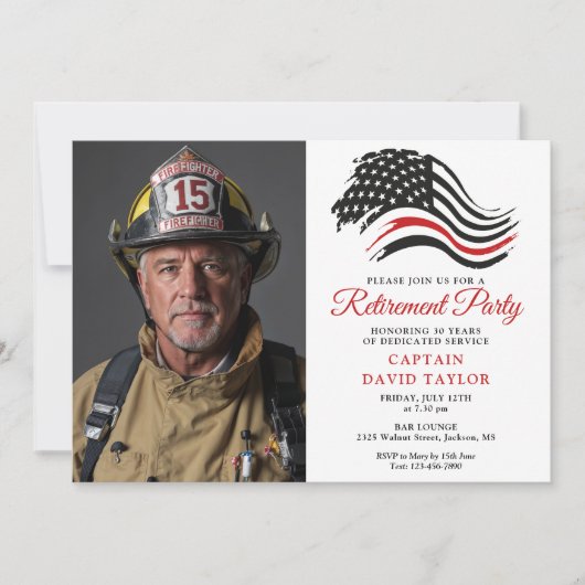 Feuerwehrruhestand Party Thin Red Line Foto Einladung (Vorderseite)