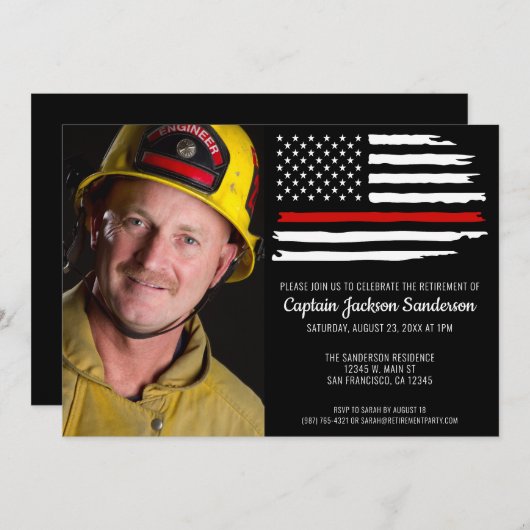 Feuerwehrruhestand Party Thin Red Line Foto Einladung (Vorne/Hinten)