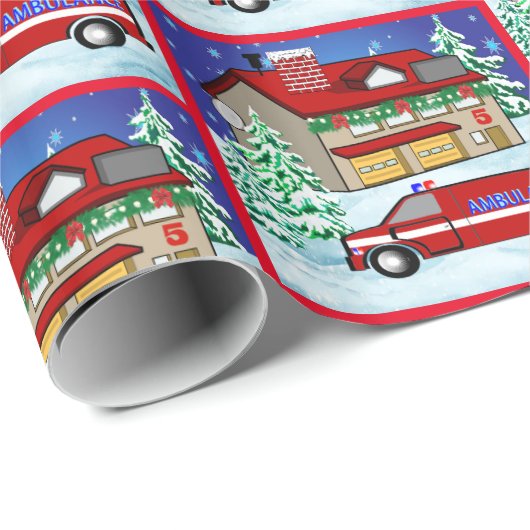 Feuerwehrstation Ambulant EMS Weihnachten Geschenkpapier (Rolleneckpunkt)