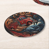 Feuerwehrwagen auf Lederkunst Runder Pappuntersetzer (Angewinkelt)