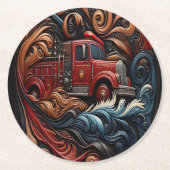 Feuerwehrwagen auf Lederkunst Runder Pappuntersetzer (Vorderseite)