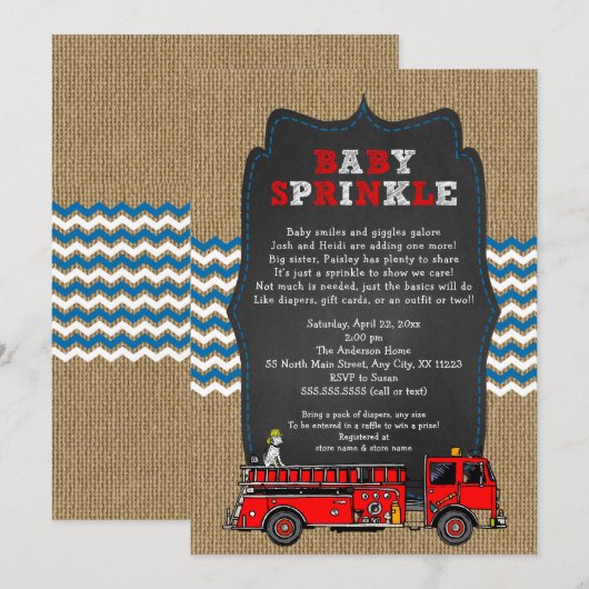 Feuerwehrwagen Baby Sprinkle, Baby-Dusche Einladung (Vorne/Hinten)