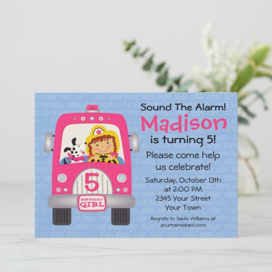 Feuerwehrwagen Geburtstagskind Einladung (Stehend Vorderseite)
