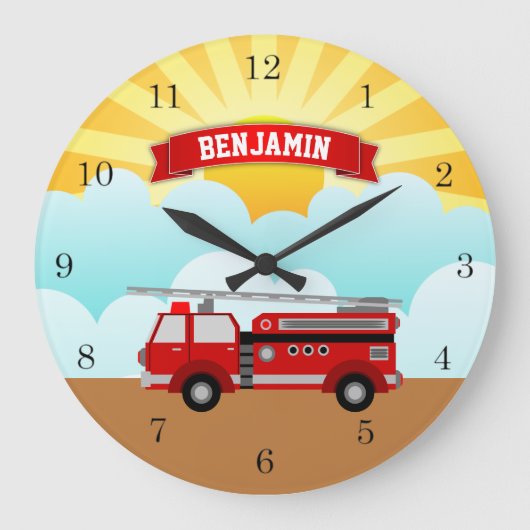 Feuerwehrwagen Kampfflugzeug Personalisierter Name Große Wanduhr (Vorderseite)